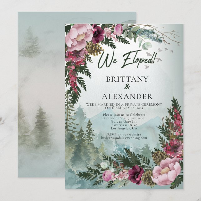 Pine Forest Burgundy Dusty Rose Lopement Einladung (Vorne/Hinten)