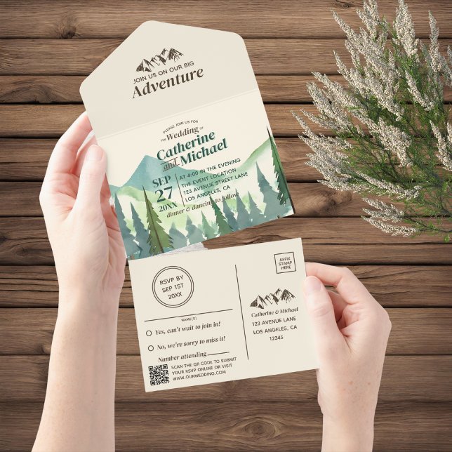 Pine Forest Mountain Adventure QR Code Hochzeit All In One Einladung (Von Creator hochgeladen)