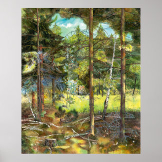 Pine forest painting  watercolor poster