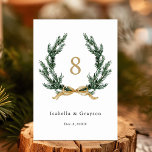 Pine Garland Wreath Gold and Green Wedding Tischnummer<br><div class="desc">Watercolor evergreen pine wreath table number with names and date. For more advanced customization of this design,  please click the BLUE DESIGN TOOL BUTTON above!</div>