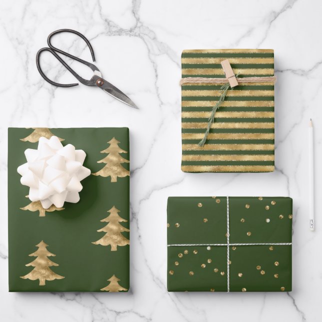 Pine Gold Weihnachtsbaum Streifen Sparkle Geschenkpapier Set (Vorderseite)