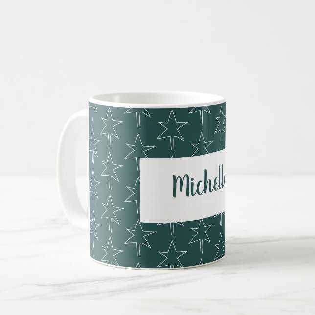 Pine Green Christmas Stars Muster Mit Monogramm Kaffeetasse (Vorderseite Links)