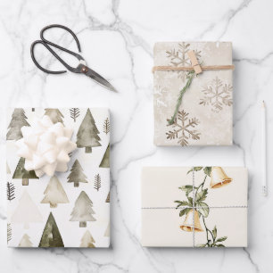 Pine Green Cream Christmas Bäume Glocken Schneeflo Geschenkpapier Set