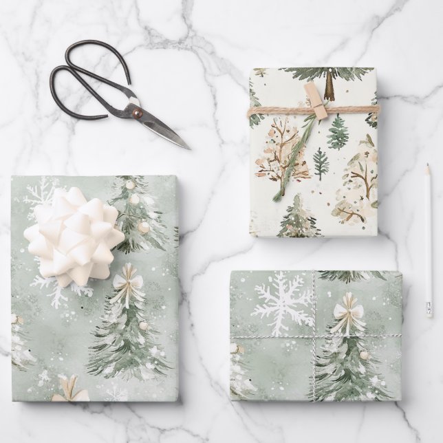 Pine Green Cream Christmas Trees Snowflakes Geschenkpapier Set (Vorderseite)
