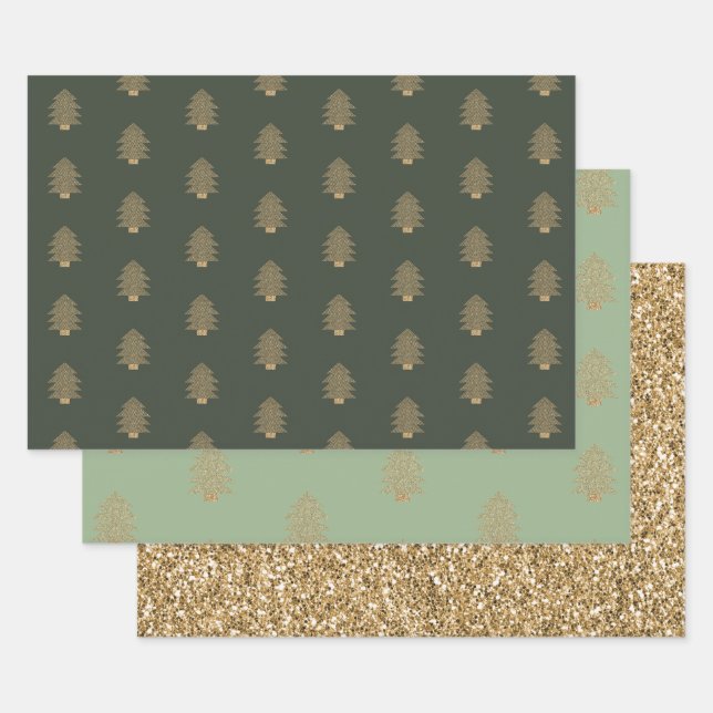 Pine Green Gold Glitzy Glitzer Weihnachtsbäume  Geschenkpapier Set (Set)