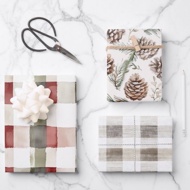 Pine Green Ivory Red Stripes Weihnachten Geschenkpapier Set (Vorderseite)