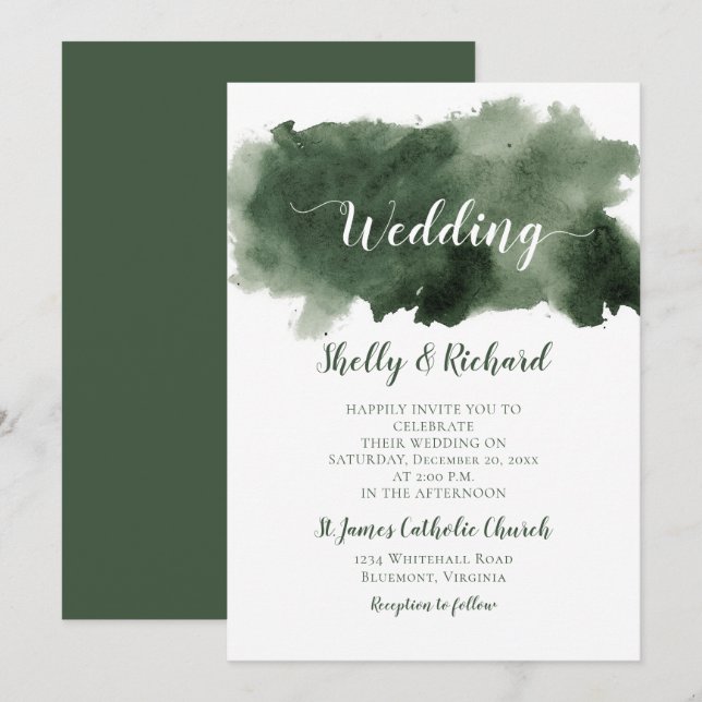 Pine Green Watercolor Wash Winter Hochzeit Einladung (Vorne/Hinten)