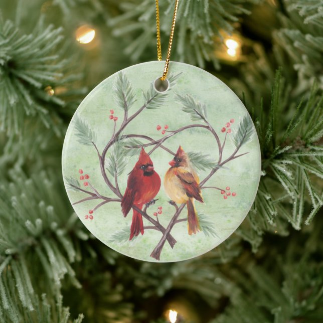 Pine Heart Kardinals on Green Ornament (Baum)