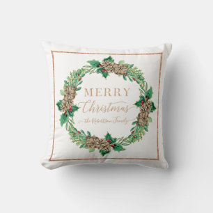 Pine Holly Wreath Rose Gold Script Frohe Weihnacht Kissen