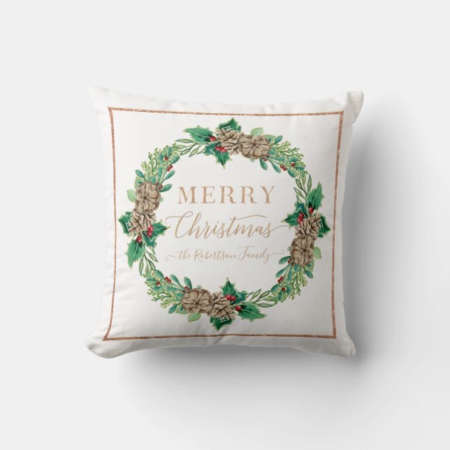 Pine Holly Wreath Rose Gold Script Frohe Weihnacht Kissen (Vorderseite)