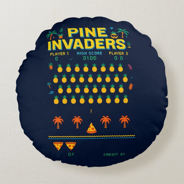 Pine Invaders Pineaple Empire Retro Games Series Rundes Kissen (Vorderseite)