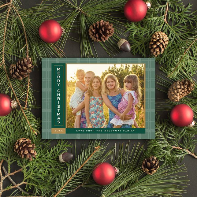 Pine Kariert Sidebar Feiertagskarte (Pine Green Sidebar Photo Holiday Card)