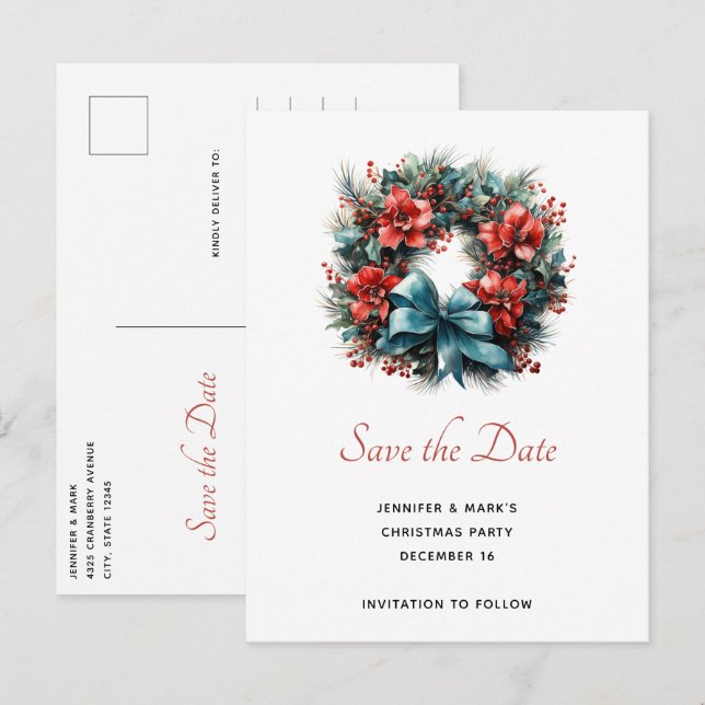 Pine Kreath mit Holly Christmas Save the Date Einladungspostkarte (Vorne/Hinten)