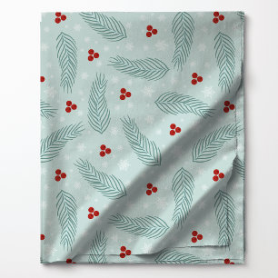 Pine Needles and Red Berries on Light Blue Winter Stoff