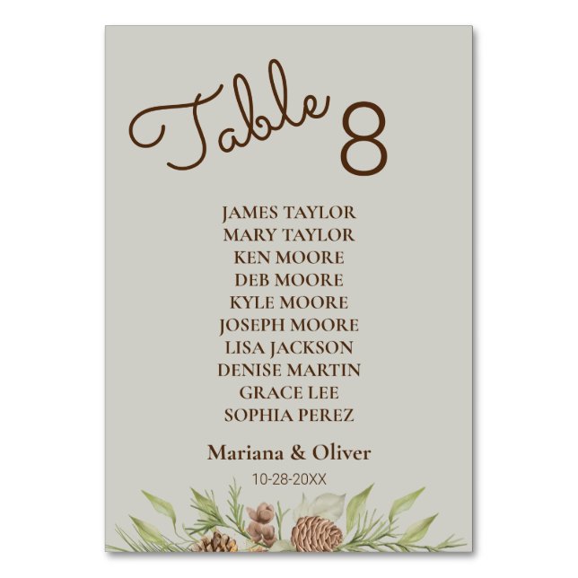 Pine Pine Beige Tischnummer Card mit Namen (Vorderseite)