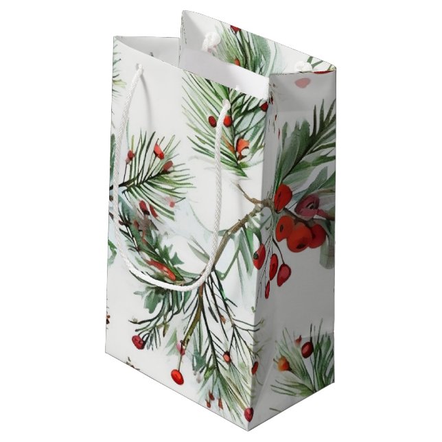 Pine & Red Berries Holzdesign Kleine Geschenktüte (Rückseite Schrägansicht)