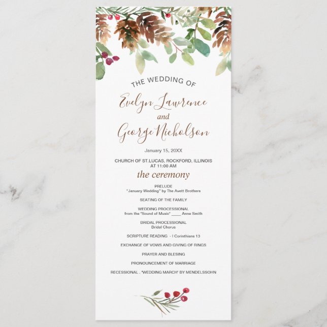 Pine Red Berry Winter Greenerity Wedding Program Programm (Vorderseite)