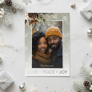 Pine & Silver Snow Green Foto Weihnachten Folien Feiertagskarte