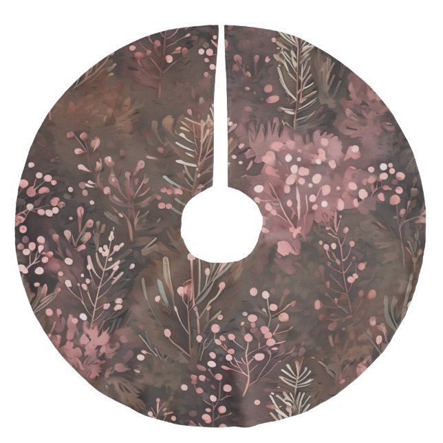 Pine & Soft Pink Berries Urlaubsmuster Polyester Weihnachtsbaumdecke (Vorderseite)