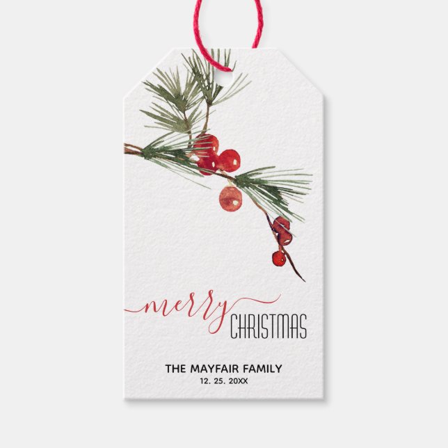 Pine Sprig Red Berries Frohe Weihnachten Editable Geschenkanhänger (Vorderseite)