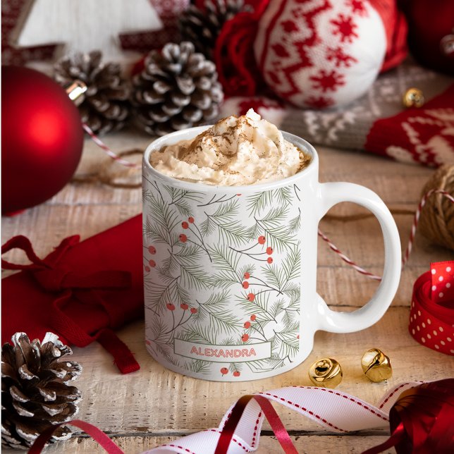Pine Sprigs and Berries Custom Name Christmas Kaffeetasse (Von Creator hochgeladen)