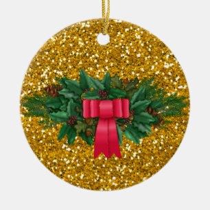 Pine Swag Red Bow Imitate Gold Glitzer Urlaub Keramik Ornament