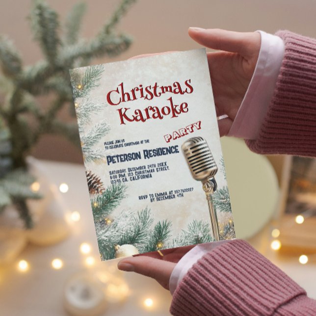 Pine Tree and Microphone Christmas Karaoke Party Einladung (Von Creator hochgeladen)