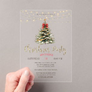 Pine Tree, Bow, String Lights Gold Weihnachten Acryleinladungen