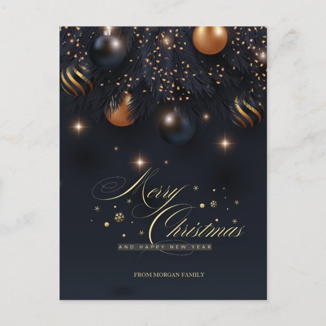 Pine Tree Branches, Balls Black Frohe Weihnachten (Vorderseite)