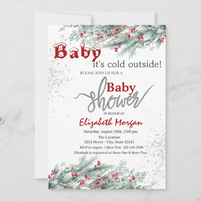 Pine Tree Branches Holly Berry Snow Baby Dusche Einladung (Vorderseite)