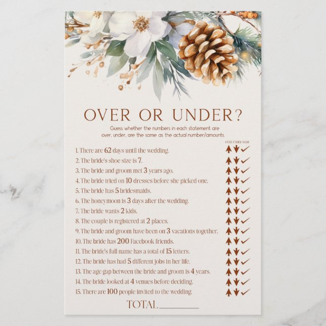 Pine Tree Floral Over oder Under Brautparty Game Briefpapier (Vorderseite)