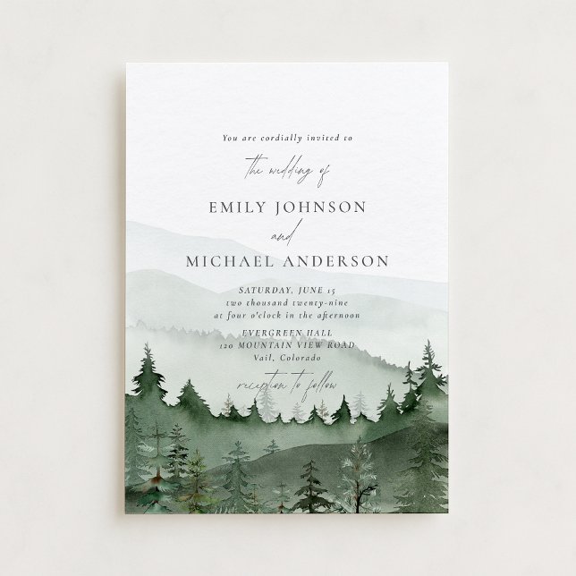 Pine Tree, Foggy Mountains Rustic Wedding  Einladung (Von Creator hochgeladen)
