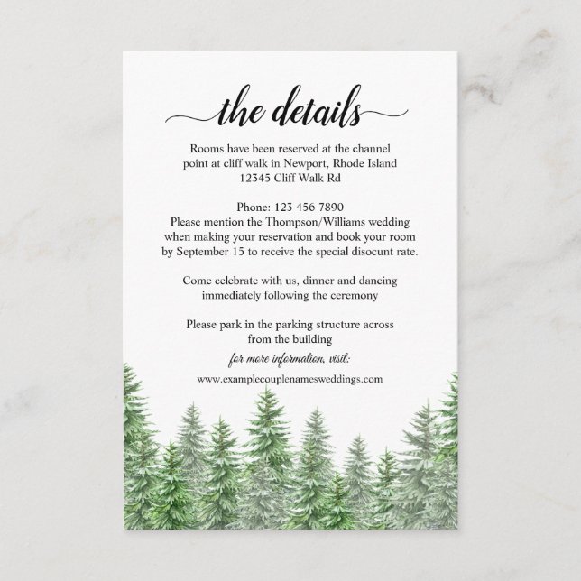 Pine Tree Forest Calligraphy Wedding Details Card Begleitkarte (Vorderseite)