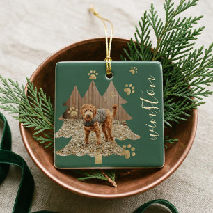 Pine Tree Forest Custom Pet Foto & Name Paw Print Keramikornament