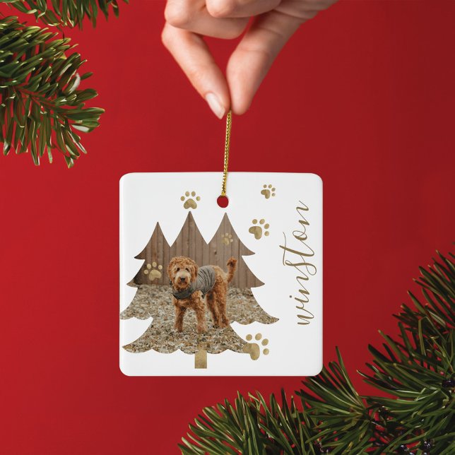 Pine Tree Forest Custom Pet Foto & Name Paw Print Keramikornament (Pine Tree Forest Custom Pet Photo & Name Paw Print Ceramic Ornament)
