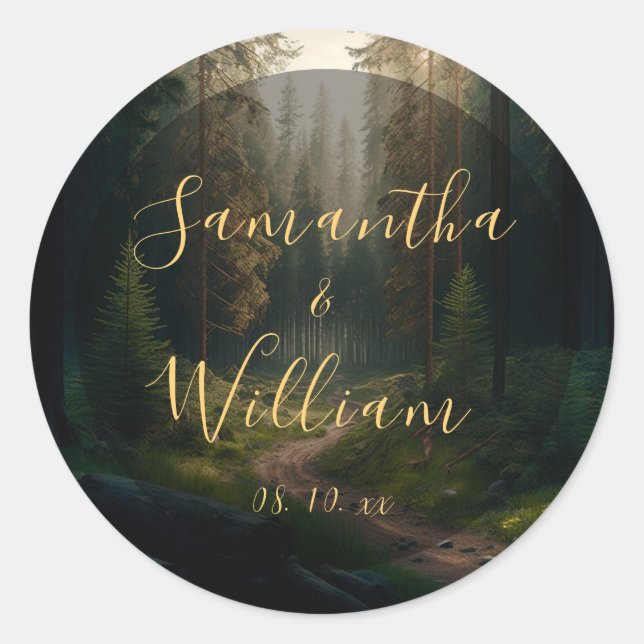 Pine Tree Forest Green Woodland Hochzeit Runder Aufkleber (Vorderseite)