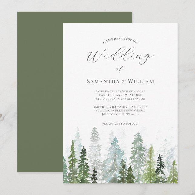 Pine Tree Forest Rustic Wasserfarbe Hochzeit Einladung (Vorne/Hinten)