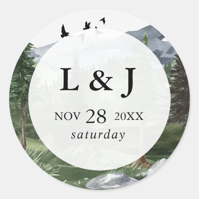 Pine Tree Forest Watercolor Themenwelt Gastgeschen Runder Aufkleber (Vorderseite)