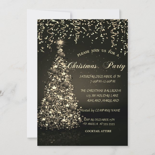 Pine Tree Gold Confetti Christmas Company Party Einladung (Vorderseite)