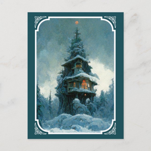 Pine Tree House im Winter | Weihnachtsbaum Postkarte (Vorderseite)