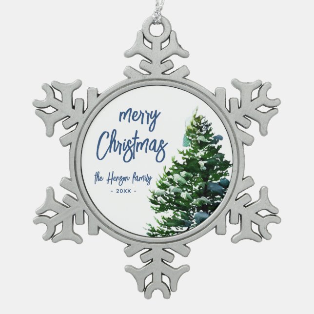 Pine Tree mit Schneeflocken Schneeflocken Zinn-Ornament (Vorderseite)