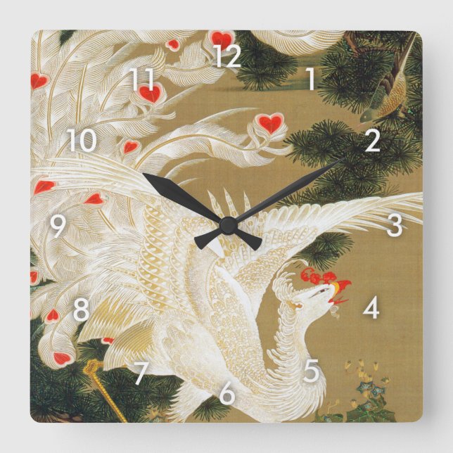 Pine Tree & Phoenix (Liebe Heart Phoenix), Jakuchu Quadratische Wanduhr (Vorderseite)