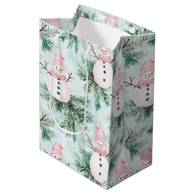 Pine Tree Pink White Snowman Girl Christmas Mittlere Geschenktüte (Vorderseite Schrägansicht)