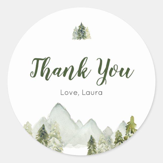 Pine Tree Rustic Adventure Baby Dusche Runder Aufkleber (Vorderseite)