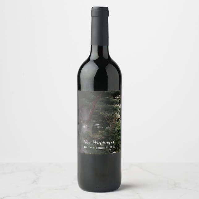 Pine Tree Rustic Forest Woods Wedding Wine Labels Weinetikett (Vorderseite)