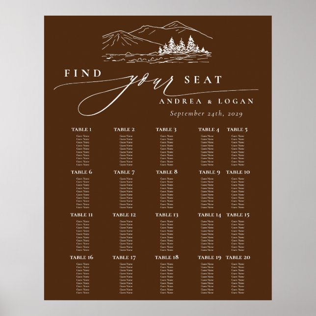 Pine Tree Rustic Mountains Hochzeitsdiagramm Poster (Vorne)