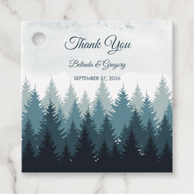 Pine Tree Watercolor Forest Rustikale Hochzeit Geschenkanhänger (Vorderseite)