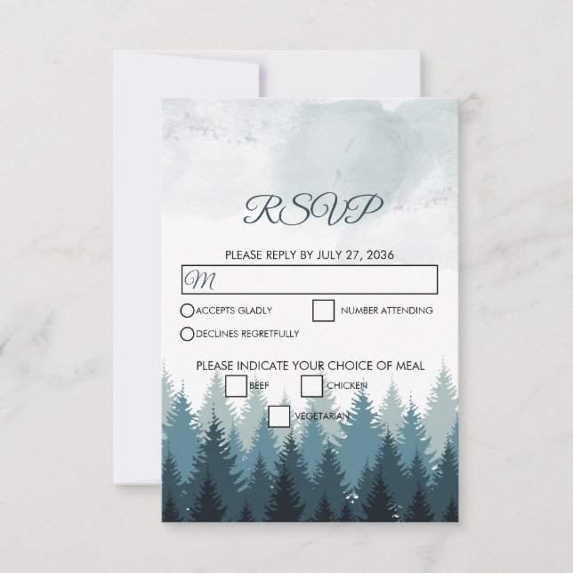 Pine Tree Watercolor Forest Rustikale Hochzeit RSVP Karte (Vorderseite)