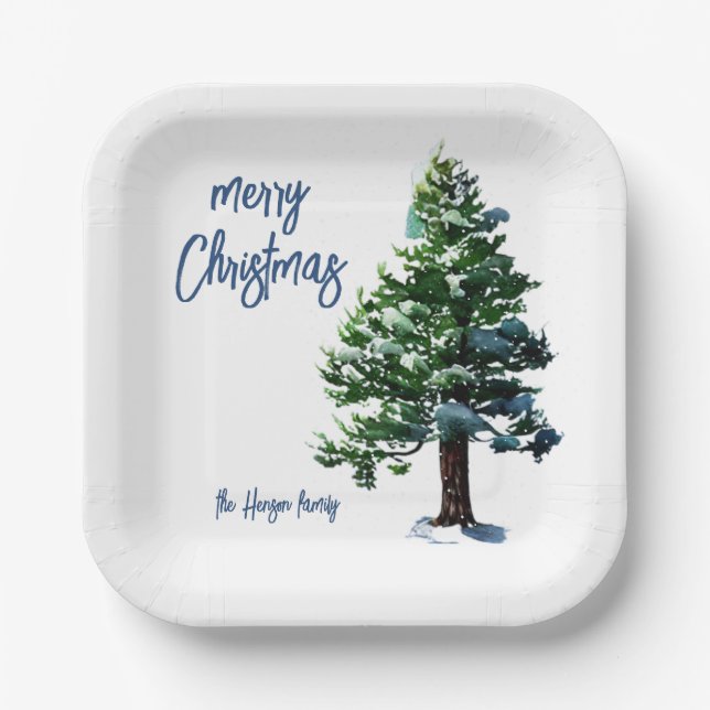 Pine Tree with Snow Watercolor Malerei Weihnachten Pappteller (Vorderseite)