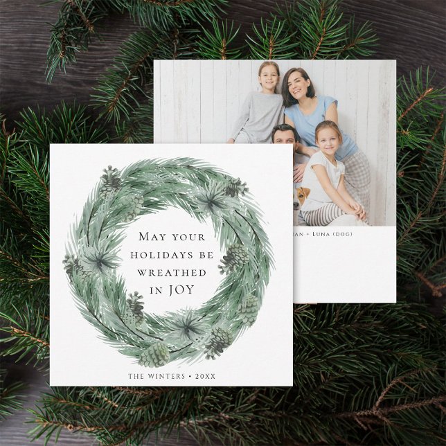 Pine Tree Wreath Family Foto Feiertagskarte (Front & Back)